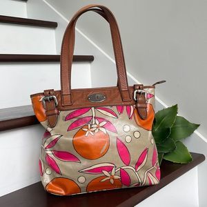 💕Fossil genuine leather waxed canvas hot pink orange tan shoulder purse handbag